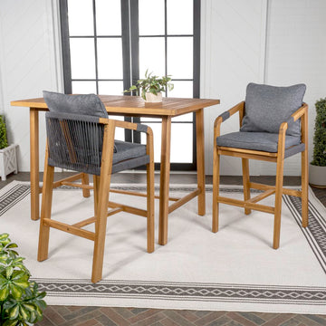 Porto Modern Coastal 3-Piece Acacia Wood Outdoor Bar Set with Cushions - JONATHAN Y